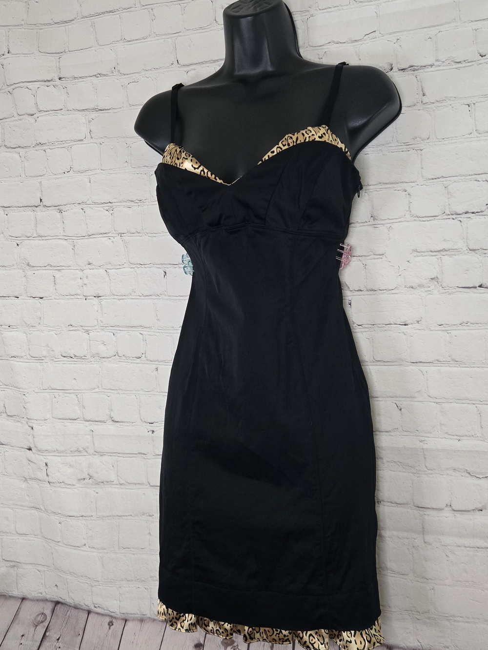 Y2k Guess Black‎ Leopard Satin Trim Bodycon Corset Open Back Dress 3 Sexy Siren